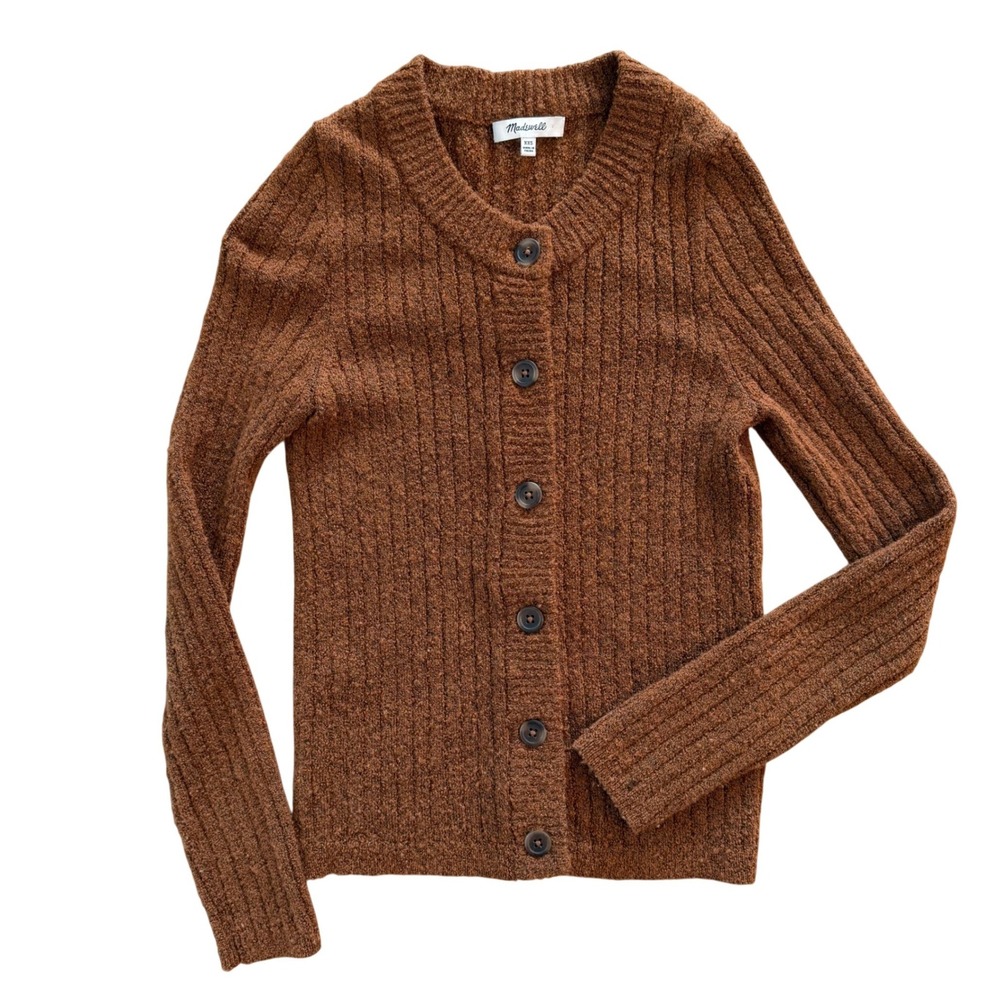 Madewell Merino‎ Wool Cardigan XXS Brown Ribbed Slim Fit Button Stretch Button